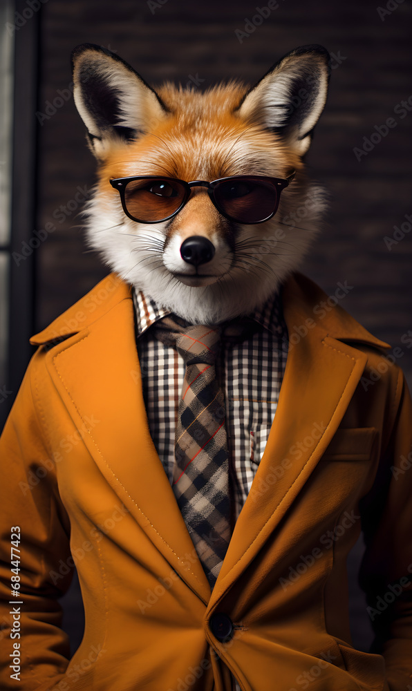 portrait of fox dressed in trendy urban clothes, confident. Fashion portrait of an anthropomorphic animal, posing with a charismatic human attitude portrait of fox dressed in trendy urban clothes, confident. Fashion portrait of an anthropomorphic animal, posing with a charismatic human attitude