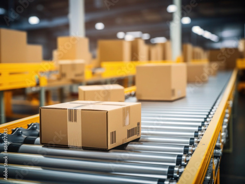 Cardboard boxes on conveyor belt in warehouse.Generative ai photo