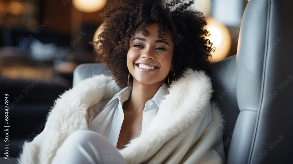 A woman sitting at a lounge with a smile on her face enjoying a moment of appiness A woman sitting at a lounge with a smile on her face enjoying a moment of appiness