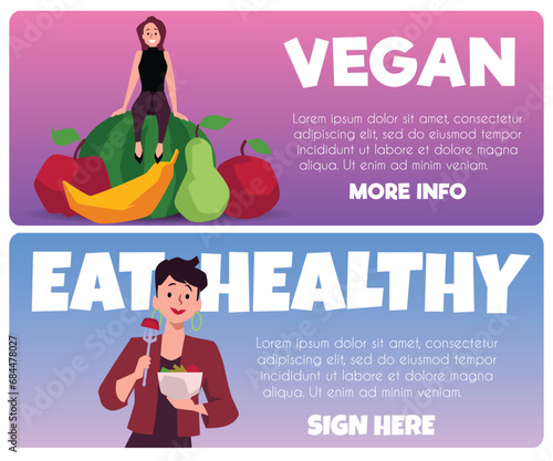 Set of website banner templates about vegan people flat style