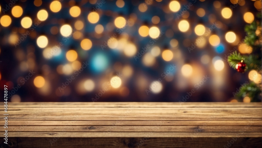 Background Christmas Fairy Lights Bokeh Effect An Empty Wooden Table. Template for Product Display. Background Christmas Fairy Lights Bokeh Effect An Empty Wooden Table. Template for Product Display.