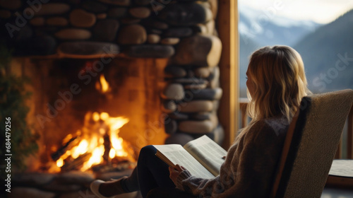 Female reading a book by the fireplace.Generative ai