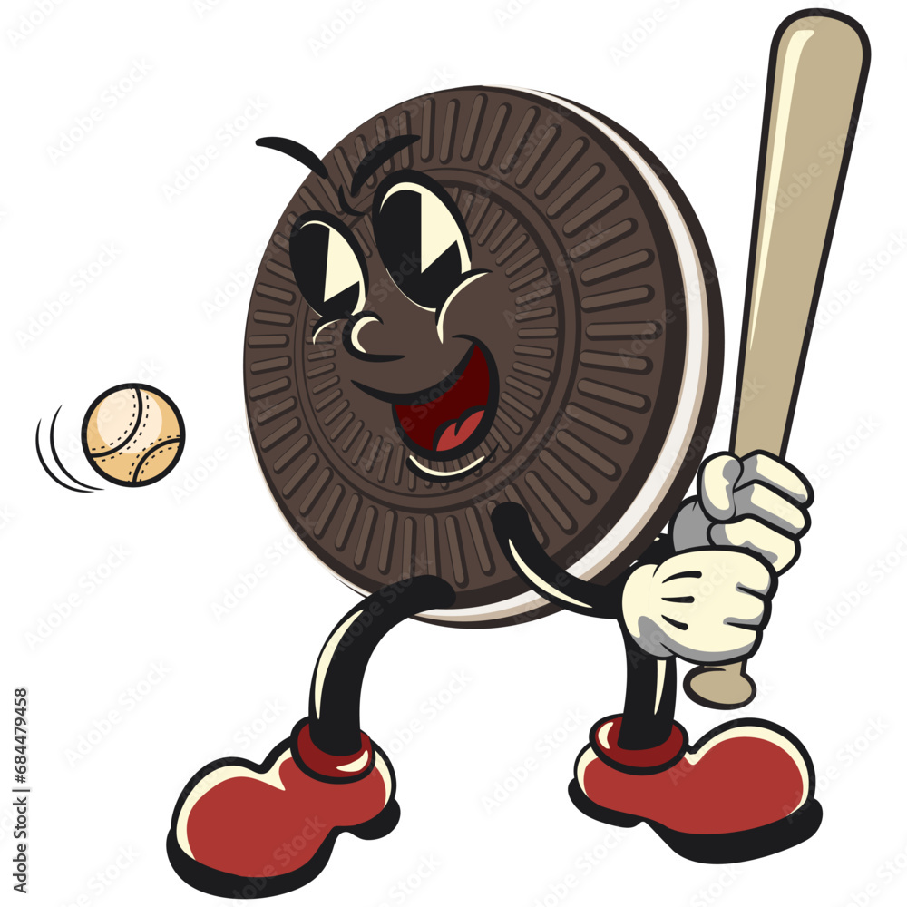 mascot, character, vintage cute sweet cream sandwich biscuit playing baseball as a hitter and