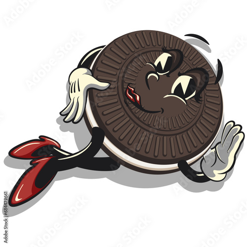 mascot, character, vintage cute sweet cream sandwich biscuit lying down in a seductive and sexy style, illustration, vector, isolated cartoon, emoticon, vintage mascot
