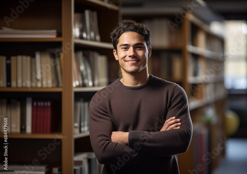 Warm friendly young man in the library standing with his arms folded in front of bookshelves