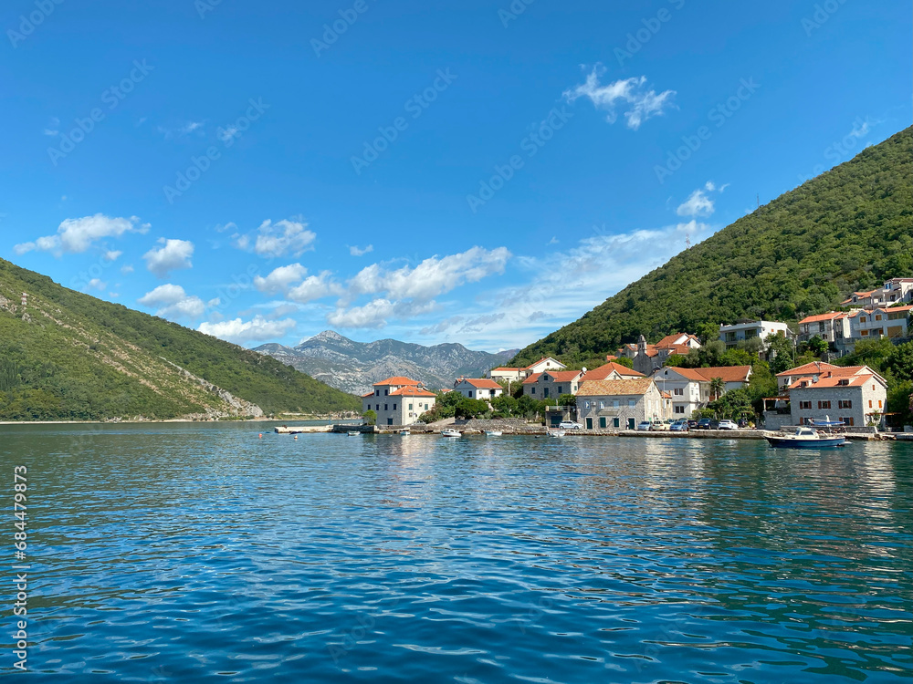 Waterfront panorama of historic town Lepetane in Montenegro