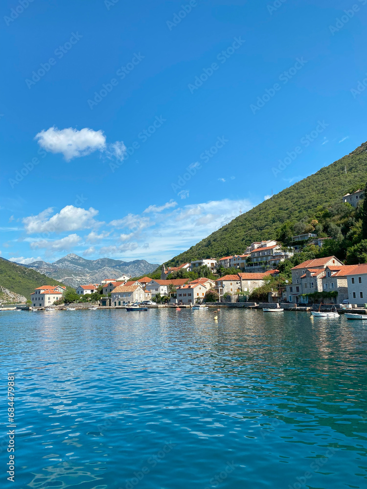 Waterfront panorama of historic town Lepetane in Montenegro