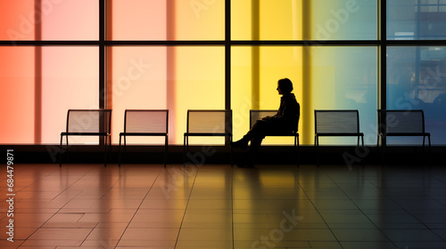 silhoouette of young person sitting in waiting area with colorfu