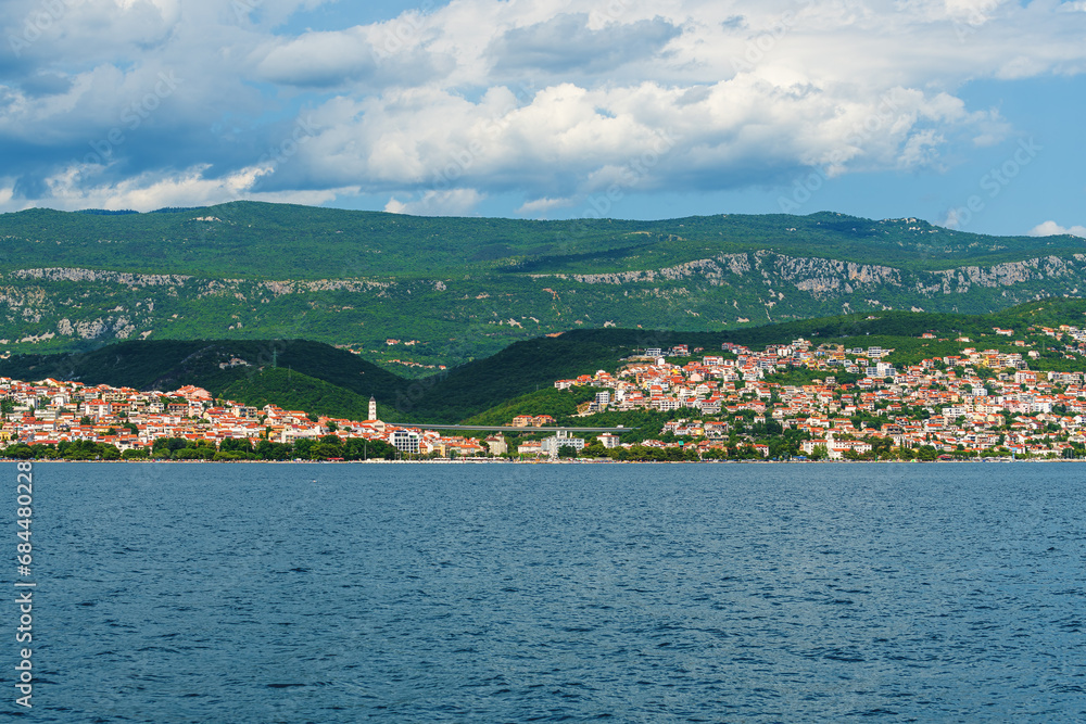 Beautiful coastline of Adriatic sea and city beach of Crikvenica, famous travel destination for tourist's summer holiday vacation from sailing boat
