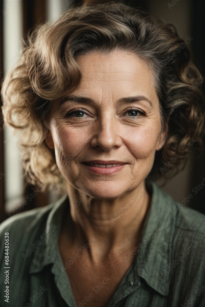 Portrait a middle-aged woman in 1940's with a face without makeup, happy eyes but don't laugh, her skin is not smooth. Portrait a middle-aged woman in 1940's with a face without makeup, happy eyes but don't laugh, her skin is not smooth.