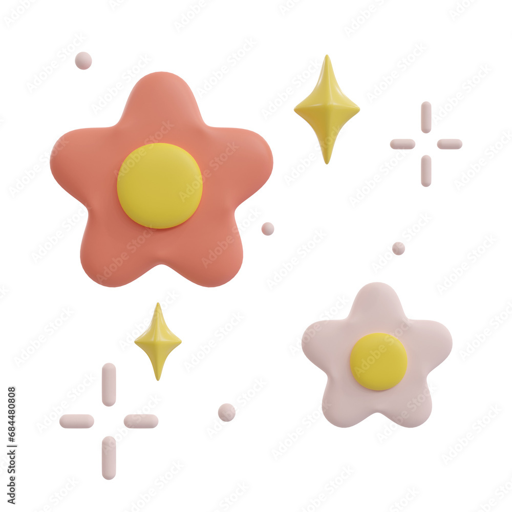 3d rendering Cute pink and white flowers with stars and circles transparent