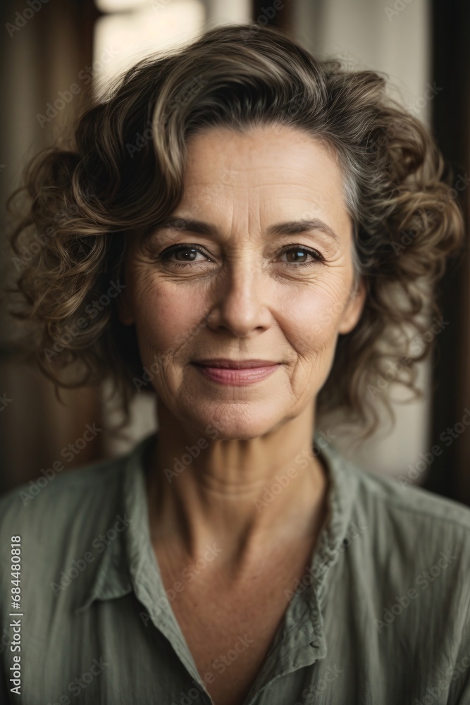 Portrait a middle-aged woman in 1940's with a face without makeup, happy eyes but don't laugh, her skin is not smooth. Portrait a middle-aged woman in 1940's with a face without makeup, happy eyes but don't laugh, her skin is not smooth.