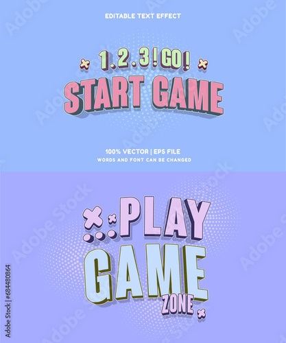 Editable text effect - Play Game and Game zone 3d cartoon template style premium vector. Trendy color background 