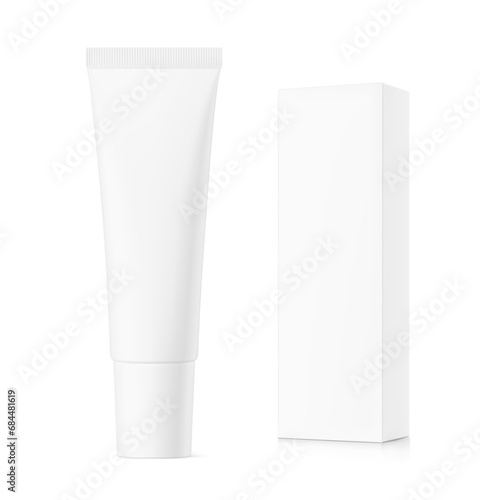 Blank plastic tube mockup for cosmetics with paperboard box packaging. Front view. Vector illustration isolated on white background. Can be use for your design, advertising, promo and etc. EPS10.