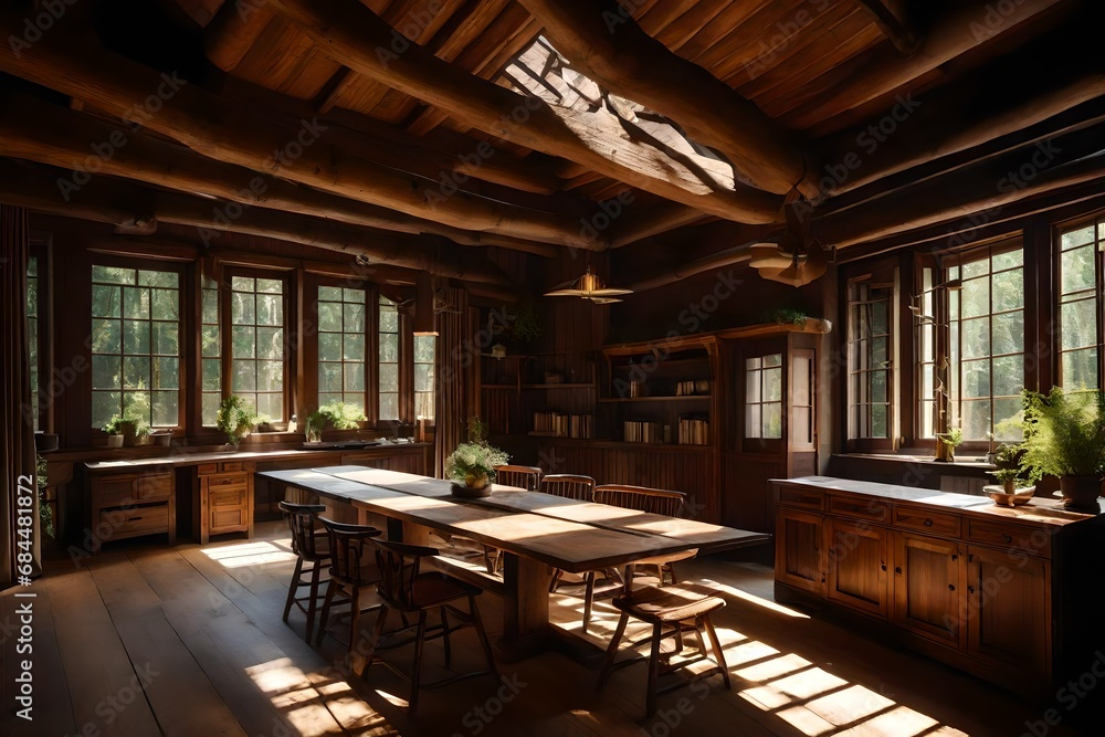 In the heart of an ancient forest, a room adorned with wooden textures exudes a timeless charm. The sunlight streams through the dense foliage In the heart of an ancient forest, a room adorned with wooden textures exudes a timeless charm. The sunlight streams through the dense foliage