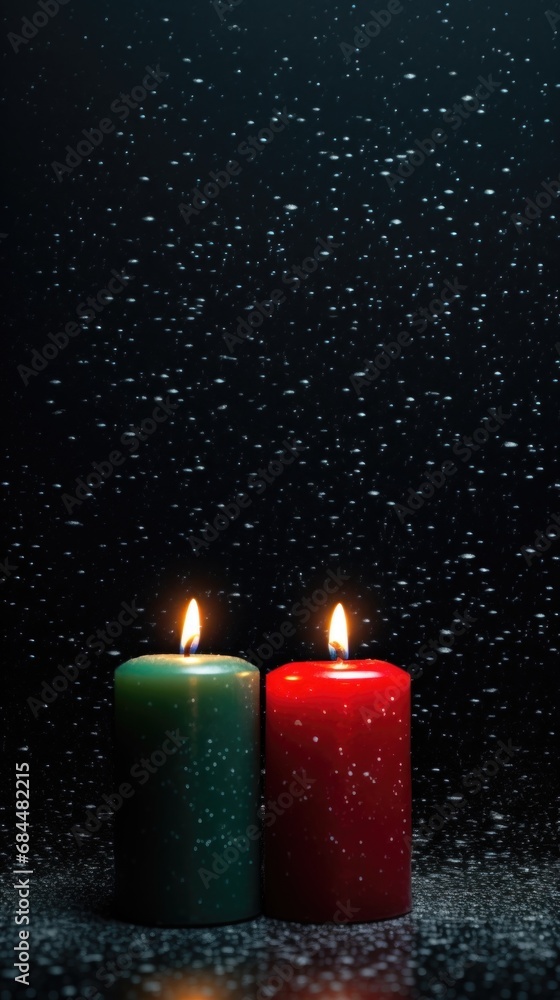 Kwanzaa atmosphere, mysterious dark background, red green candles Kwanzaa atmosphere, mysterious dark background, red green candles