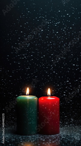 Kwanzaa atmosphere, mysterious dark background, red green candles