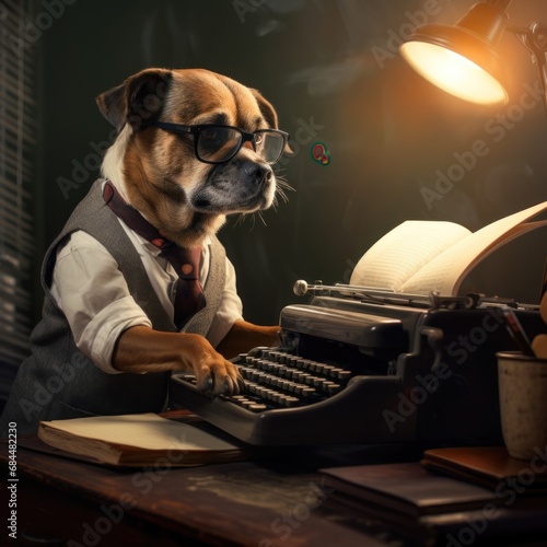 portrait of smart dog wearing suitcase and glasses typing on a typewriter photo