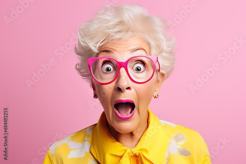 Surprised elderly caucasian lady studio portrait. AI generative © tiena