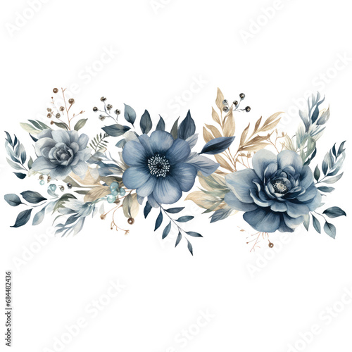 Blue floral watercolor elements for wedding invitation clipart