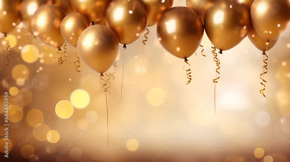 golden christmas background, Golden color ballons with string blowing in air , Golden ballons haging in air , Christmas background  - obrazy, fototapety, plakaty 
