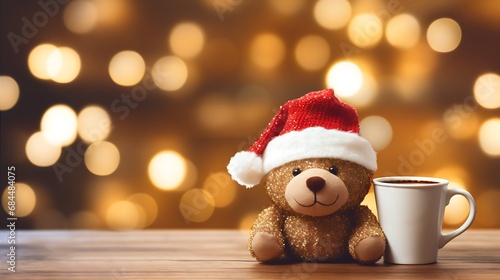 Cute bear doll and coffee with santa's hat in the wooden table and light bokeh background. Christmas winter background with copyspace area