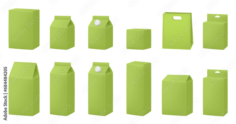 Green boxes for dairy products. Blank cardboard package boxes mockup. Box set. Set of juice or milk cardboard package. Vector mockup set. Realistic carton package with cap. Hanging hole. Shopping bag Green boxes for dairy products. Blank cardboard package boxes mockup. Box set. Set of juice or milk cardboard package. Vector mockup set. Realistic carton package with cap. Hanging hole. Shopping bag