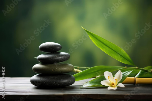 Zen stones wellness background relaxation spa rock concept green therapy leaf