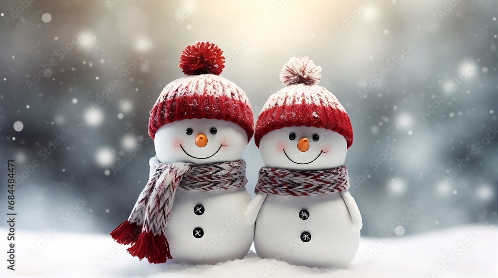 Close up view of two cute snowman with red scarf and hat in the snowy winter light bokeh background. Winter holiday christmas background