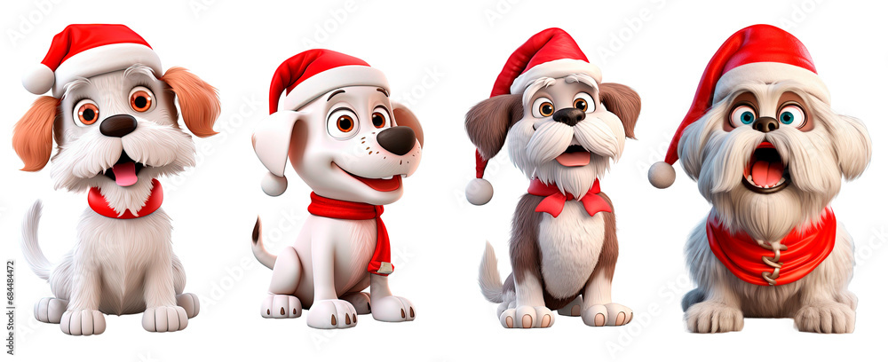 set of Christmas puppies png 3d Isolated on transparent background. Christmas element for greeting card, banner,invitation,flyer,stickers. New Year