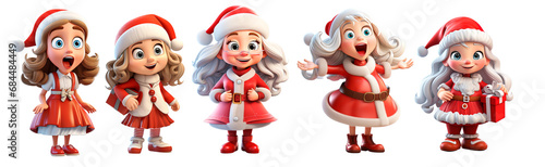 set of Christmas personage snow maiden png 3d Isolated on transparent background. Christmas tree clipart. Cartoon Santa Claus, Elf, Girl,Boy for greeting card, banner,invitation,flyer,stickers. 