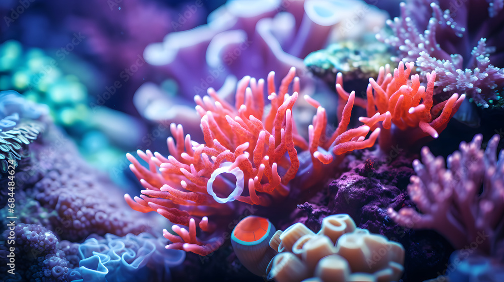 Naklejka premium coral reef macro : texture, abstract marine ecosystem background on a coral reef. generative ai.