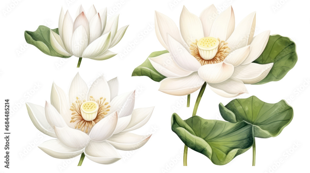 White lotus set, watercolor botanical illustration Hand-drawn floral illustration isolated on a white background isolated on white or transparent background
