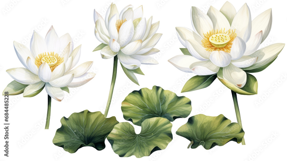 Fototapeta premium White lotus set, watercolor botanical illustration Hand-drawn floral illustration isolated on a white background isolated on white or transparent background