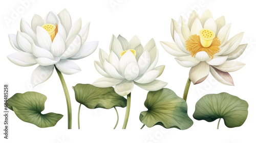 White lotus set, watercolor botanical illustration Hand-drawn floral illustration isolated on a white background isolated on white or transparent background