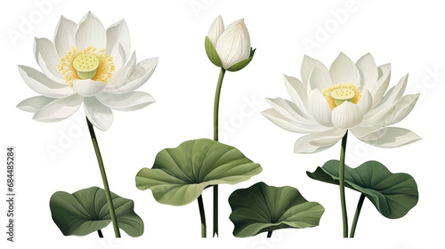 White lotus set, watercolor botanical illustration Hand-drawn floral illustration isolated on a white background isolated on white or transparent background