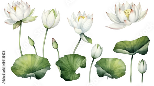 White lotus set, watercolor botanical illustration Hand-drawn floral illustration isolated on a white background isolated on white or transparent background