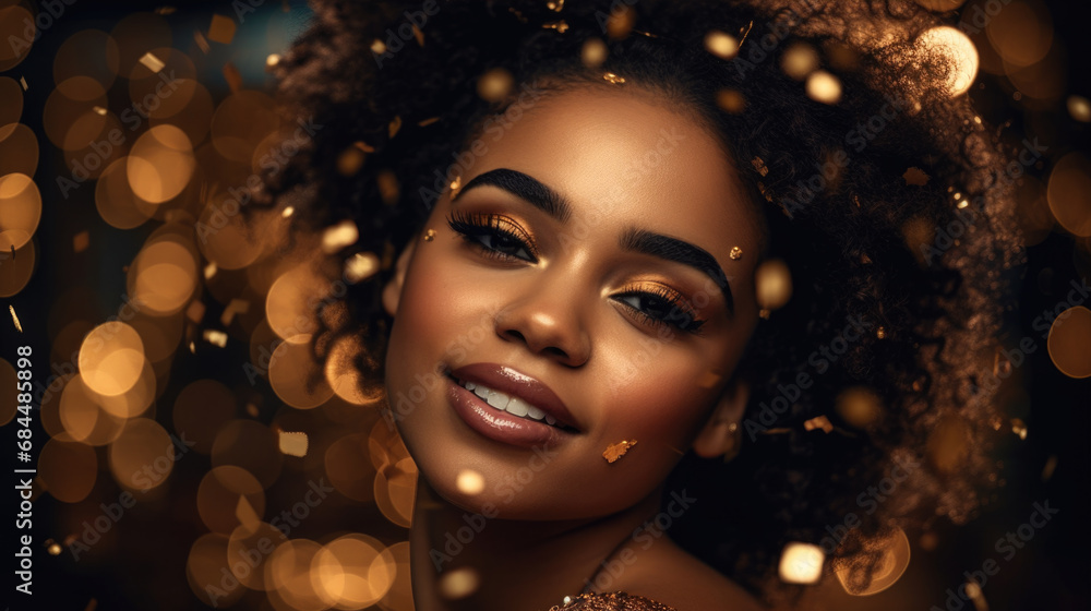 A beautifull woman with an afro smiling bokeh out of focus background A beautifull woman with an afro smiling bokeh out of focus background