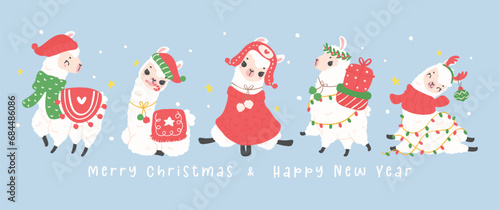 Cute Christmas llamas greeting card banner in winter theme, kawaii Happy New Year cartoon Animal hand drawing illustration