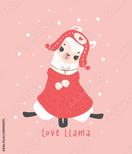 cute Christmas llama, Valentine Llama greeting card in winter theme, kawaii cartoon hand drawing illustration
