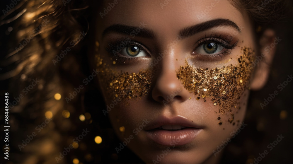 Close up portrait of an elegant  woman with gold flakes and glitter on her face - obrazy, fototapety, plakaty 