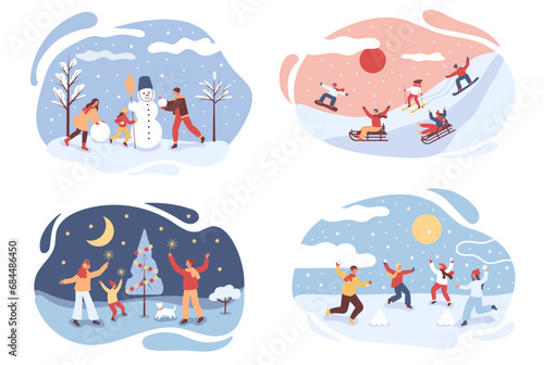 Winter fun, family outdoors. Winter holidays, active people, children. Family makes a snowman and celebrates Christmas. Children sled, snowboard, and ski.