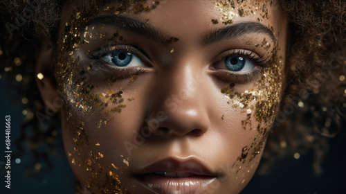 Close up portrait of an elegant woman with gold flakes and glitter on her face