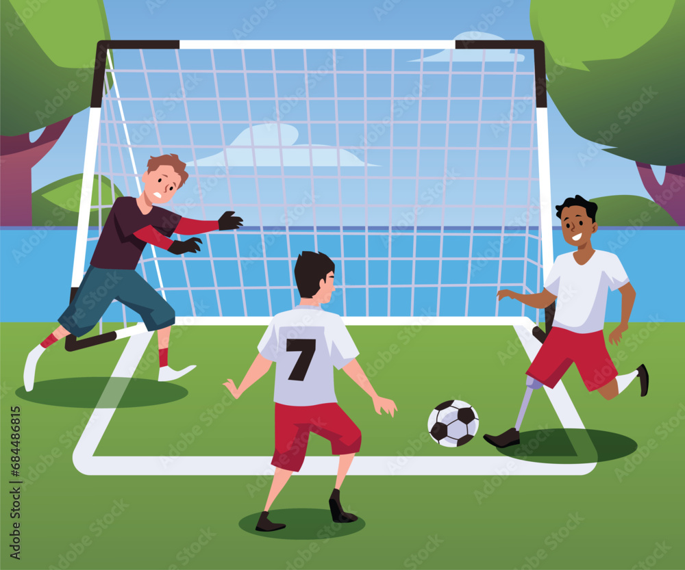 Fototapeta premium Boy with prosthetic leg playing football with his friends.