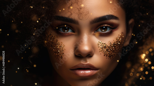 Close up portrait of an elegant woman with gold flakes and glitter on her face