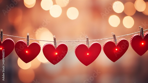 Red hearts hang on wooden clothes pegs on a string. Happy Valentine's Day with bokeh lights in the background photo