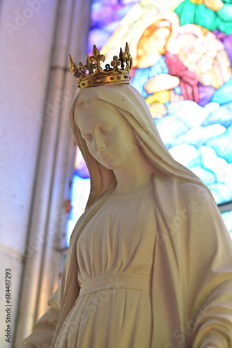 Close up of Statue of Our lady of grace virgin Mary in the church, Thailand. selective focus.