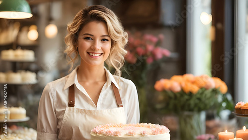 Portrait of young woman baker smiling and looking camera at her store