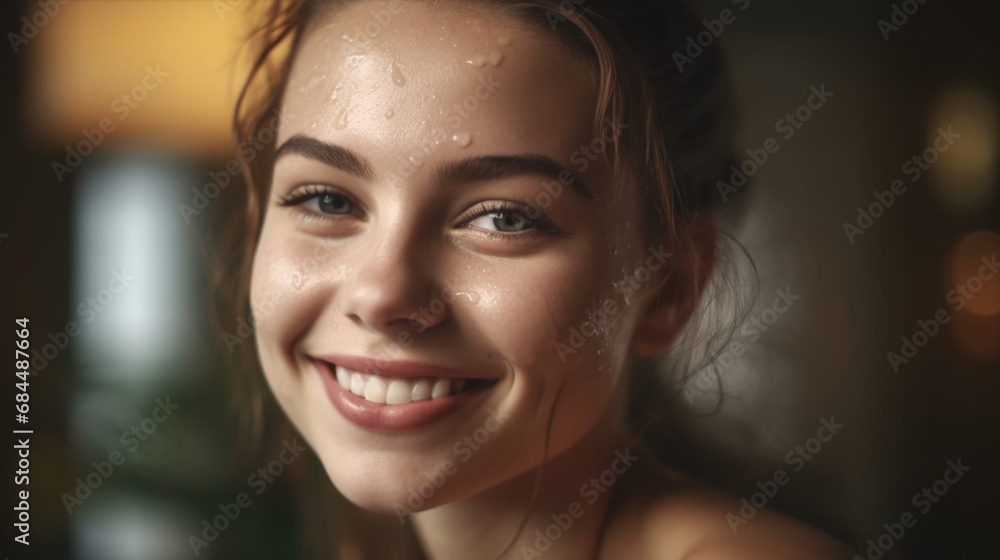 Portrait of beautiful young woman with clean fresh healthy skin smiling feeling the refreshing water rainfall droplets Portrait of beautiful young woman with clean fresh healthy skin smiling feeling the refreshing water rainfall droplets