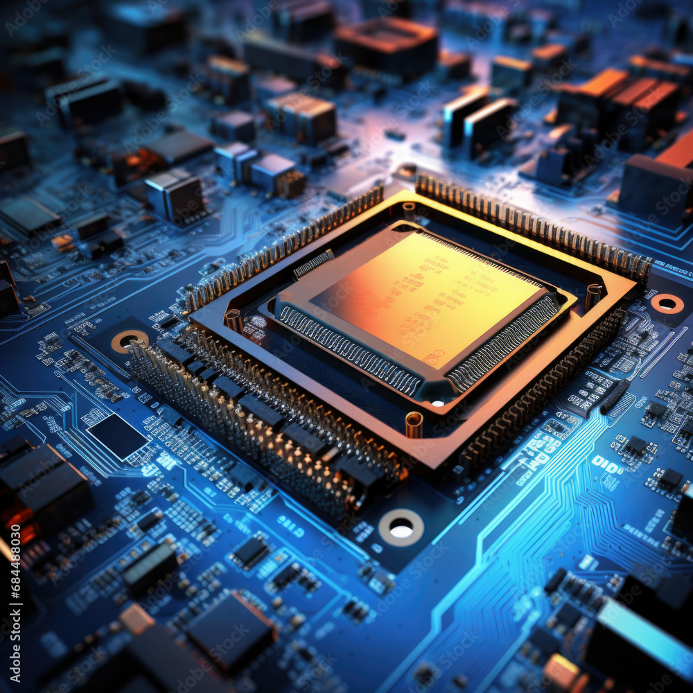 Glowing modern processor. Big illuminated graphic processor surrounding by other electrical components Glowing modern processor. Big illuminated graphic processor surrounding by other electrical components